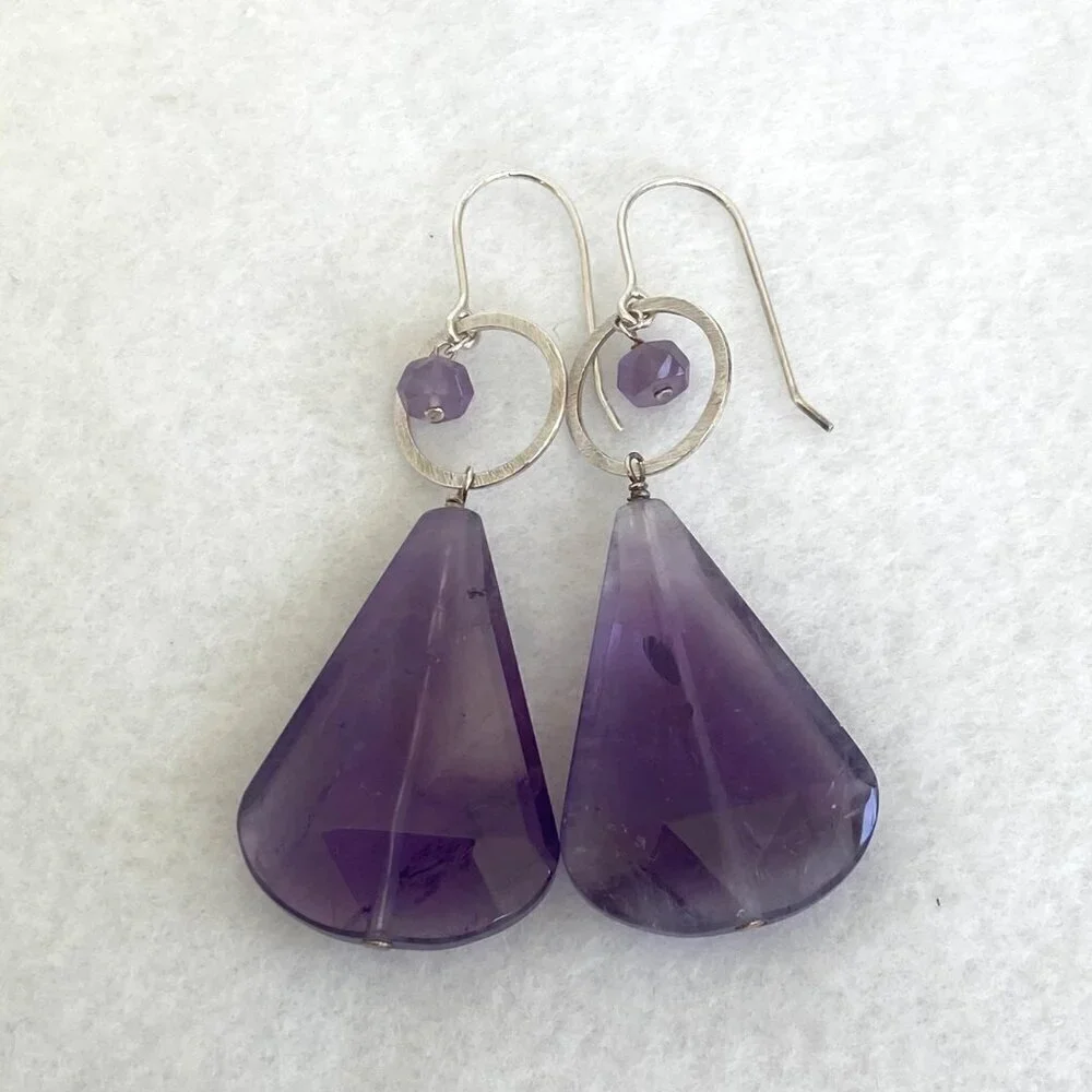 Deb Guyot Sterling Silver 925 Chunky Faceted Teardrop Amethyst Dangle Earrings